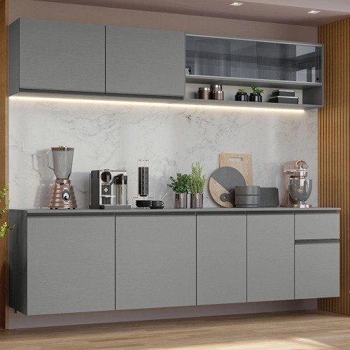 Armário De Cozinha Completa Suspenso 240Cm Cinza