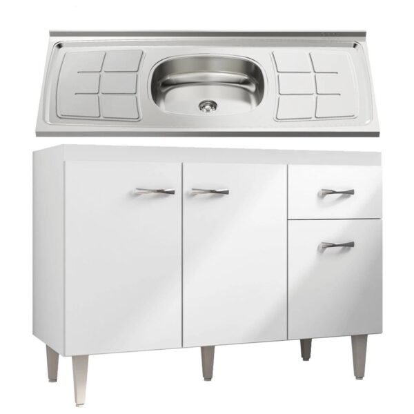 Balcão Gabinete Gabriela com Pia Inox 120cm 3 Portas Branco/Preto - ajl Móveis