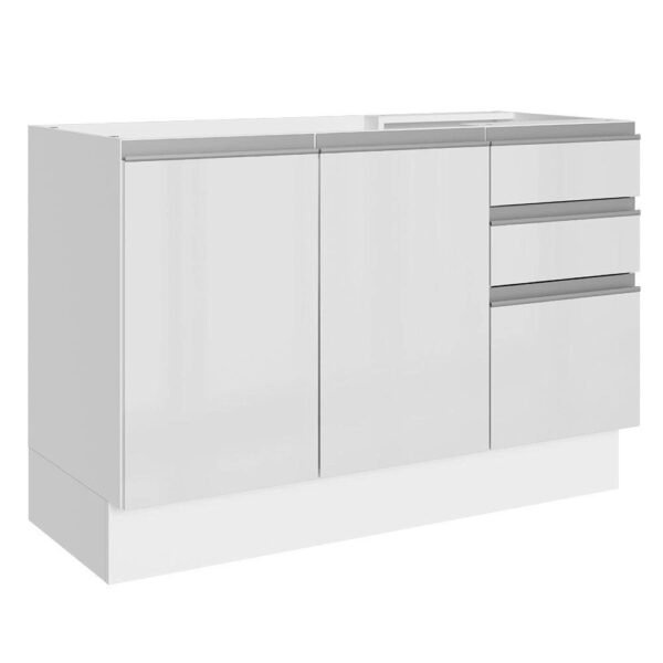 Balcão Gabinete de Pia Acordes 100% mdf 120 cm 3 Portas e 2 Gavetas - Portas Branco Brilho