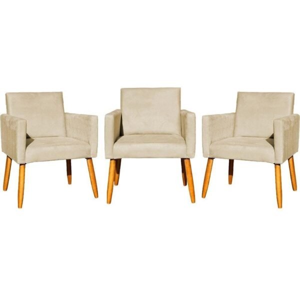 Kit 3 Poltronas Para Recepção Nina Suede Cores Pé Palito 30cm Castanho - Suede