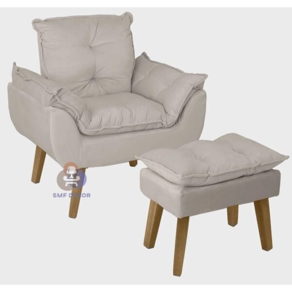 Poltrona/Cadeira Decorativa E Puff Glamour Bege Com Pés Quadrado - Bege