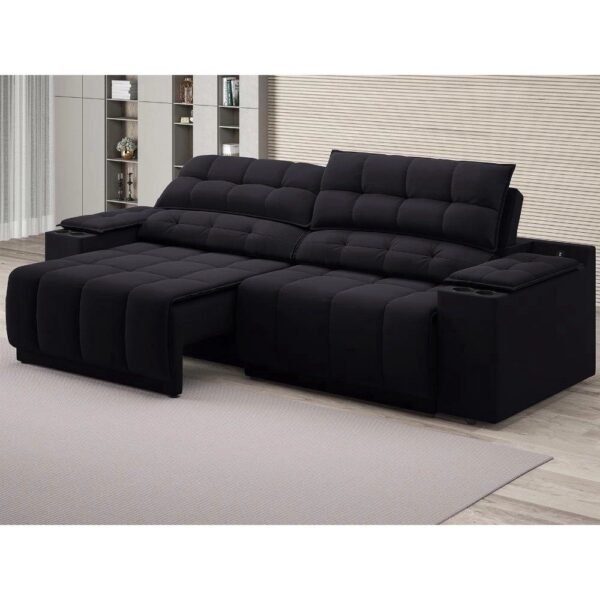 Sofá com Porta Copos Carregador USB Ret Rec Samurai 2,30m Velosuede Preto - netsofas